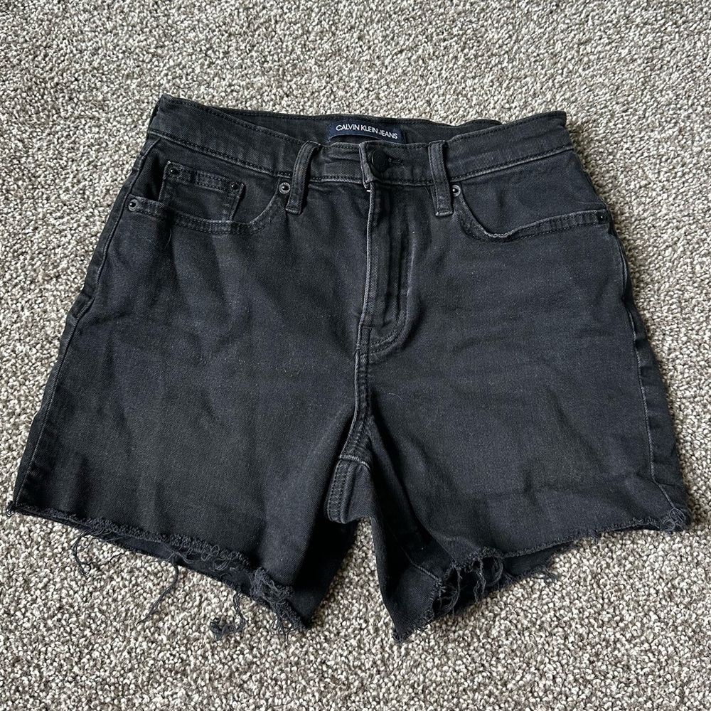 Black Calvin Klein High Rise Distressed Denim Shorts | Size 25